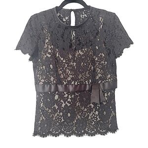 Talbots Semi Sheer Black Cap Sleeve Lace  Top‎ Lined